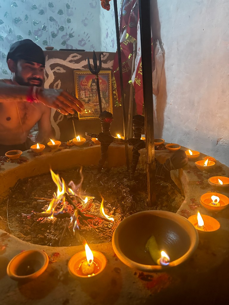 Sacred havan puja with diyas and trishul performed for protection and negative energy removal